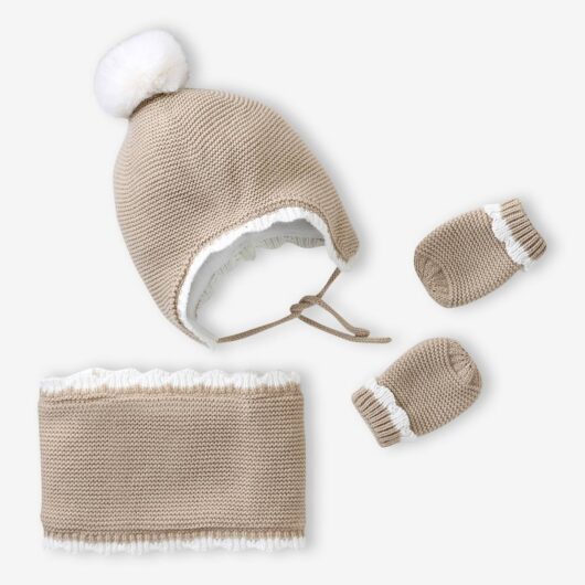Scalloped Beanie, Snood & Mittens Set for Babies marl beige