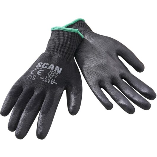 Scan Black Gloves PU Coated Dipped 5 Pairs Work Gloves SCAGLOPU XMS24GLOVE5