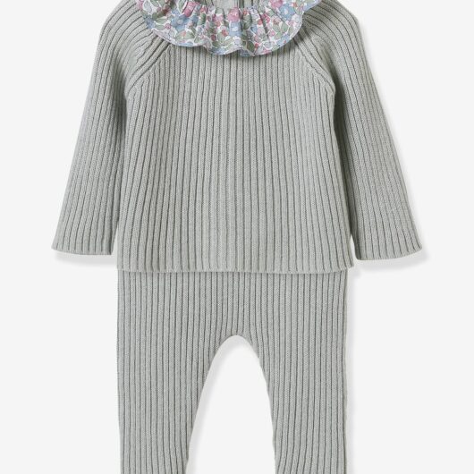 Set in Knitted Fabric with Liberty Fabric Collar for Babies, CYRILLUS rose