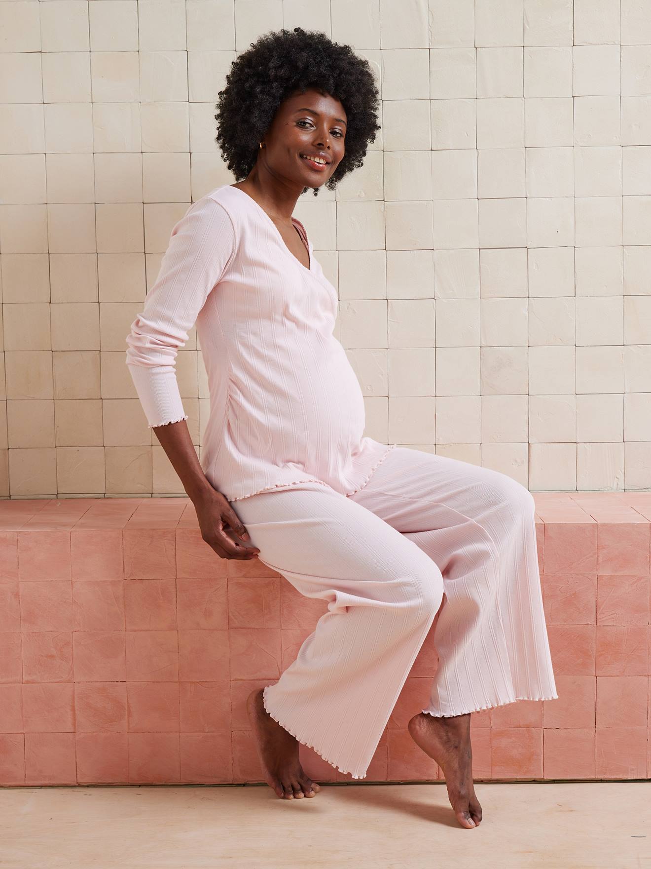 Set of 2-Piece Pyjamas in Rib Knit for Maternity & Nursing pale pink