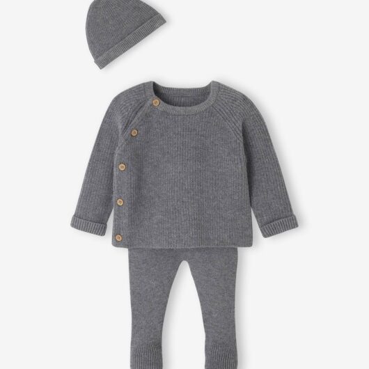 Set of 3 Knitted Items for Newborns: Cardigan + Trousers + Beanie marl grey