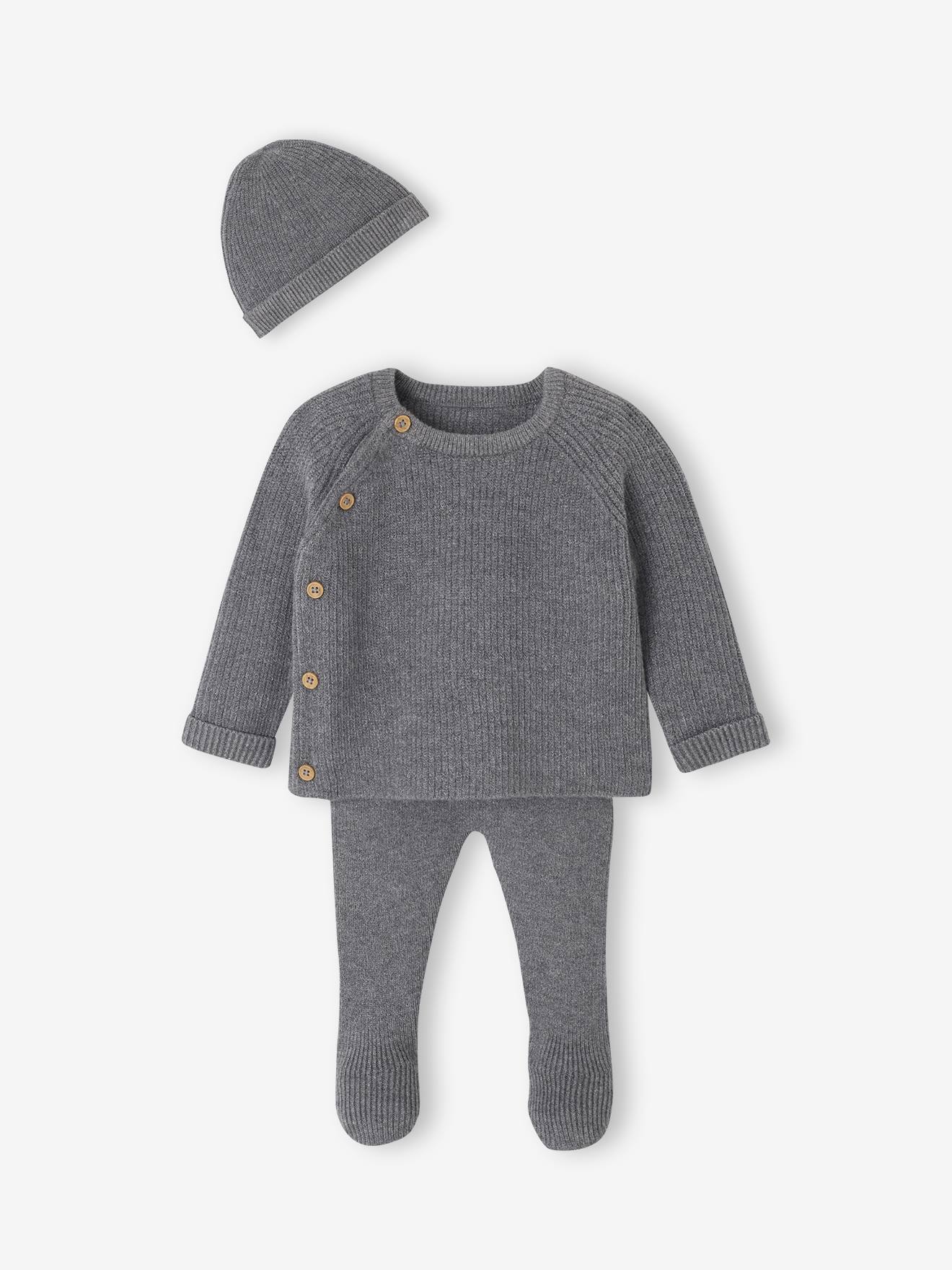 Set of 3 Knitted Items for Newborns: Cardigan + Trousers + Beanie marl grey