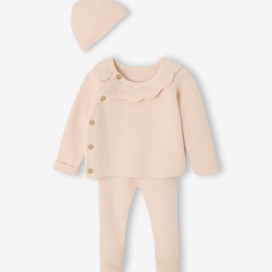 Set of 3 Knitted Items for Newborns: Cardigan + Trousers + Beanie rose