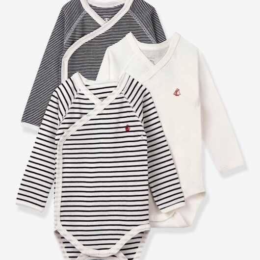 Set of 3 Long Sleeve Wrapover Bodysuits, Striped, for Newborn Babies, in Organic Cotton, by Petit Bateau blue medium two color/multicol