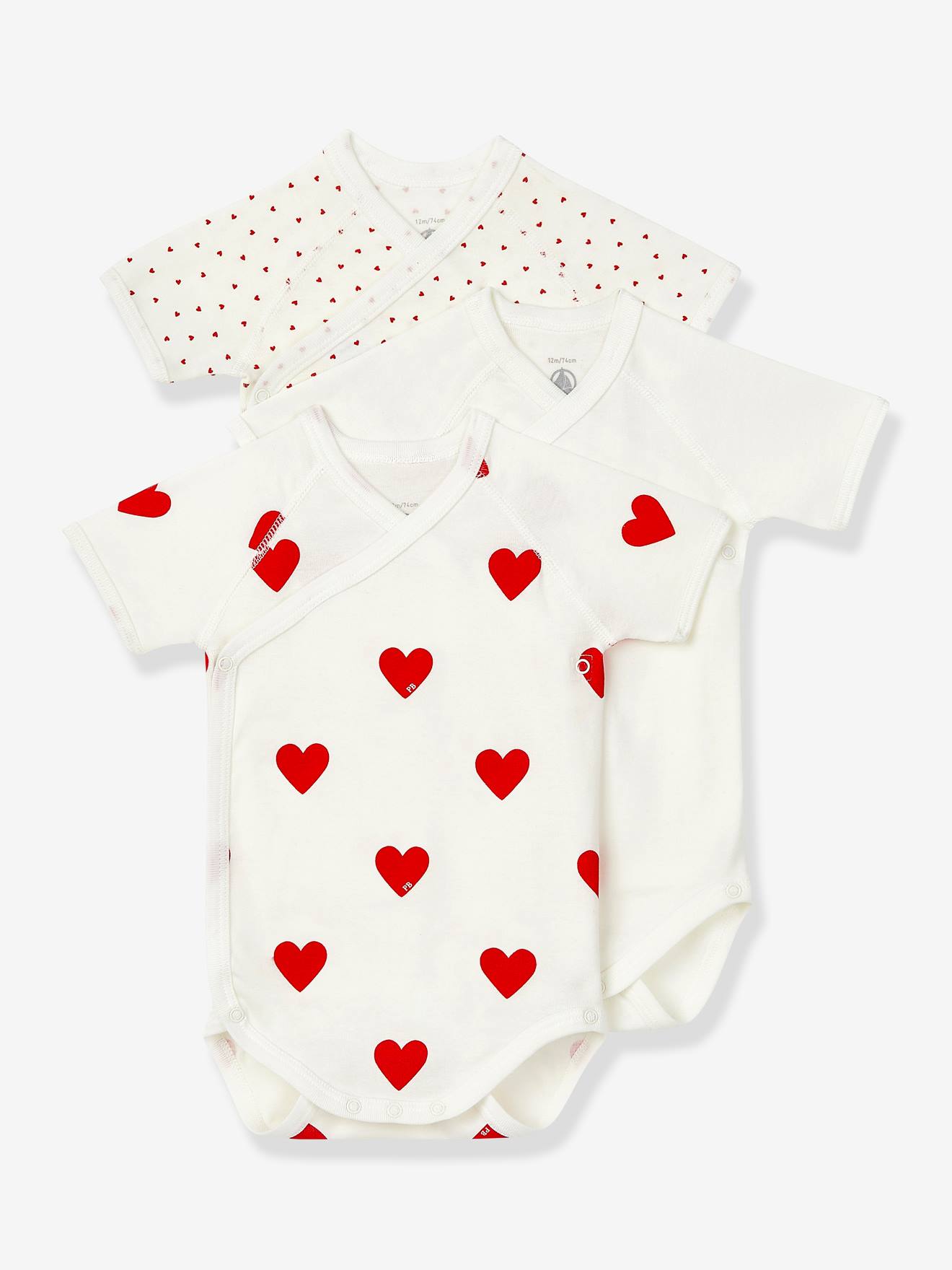 Set of 3 Short Sleeve Wrapover Bodysuits with Hearts in Organic Cotton for Newborn Babies, by Petit Bateau white light two color/multicol