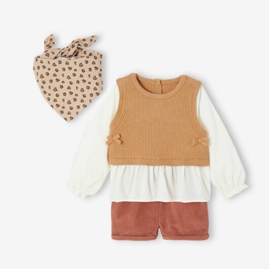 Set of 3 baby items: 2-in-1 jumper + short + scarf terracotta