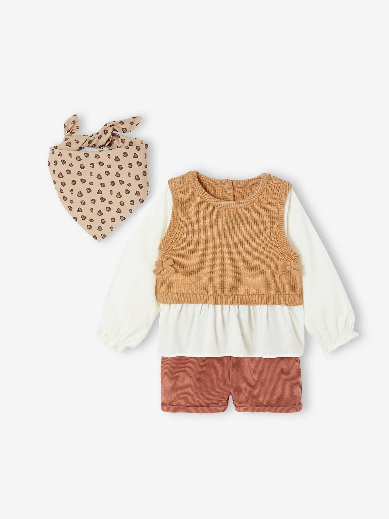 Set of 3 baby items: 2-in-1 jumper + short + scarf terracotta