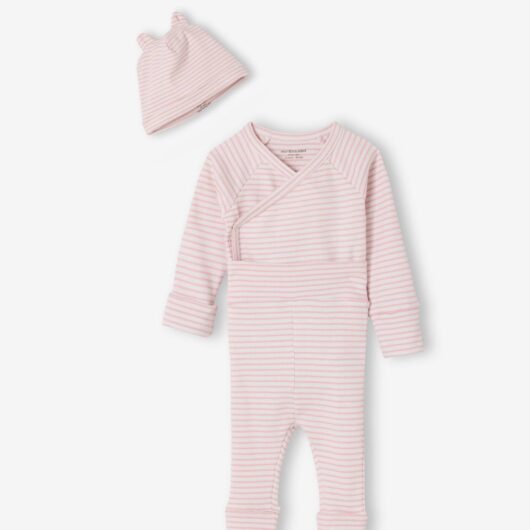 Set of baby bodysuit, leggings and striped beanie marl pink