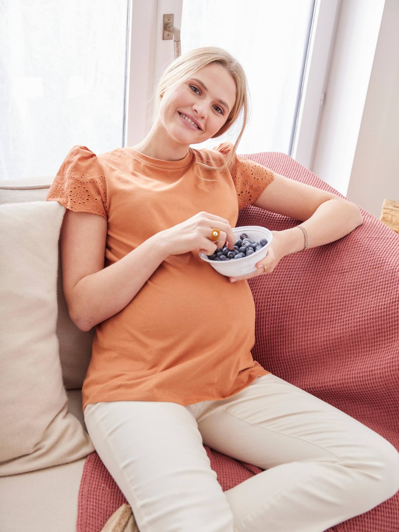 Short Sleeve Dual Fabric T-Shirt for Maternity terracotta
