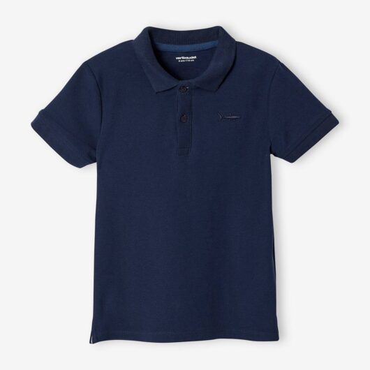 Short Sleeve Polo Shirt, Embroidery on the Chest, for Boys blue medium solid with design