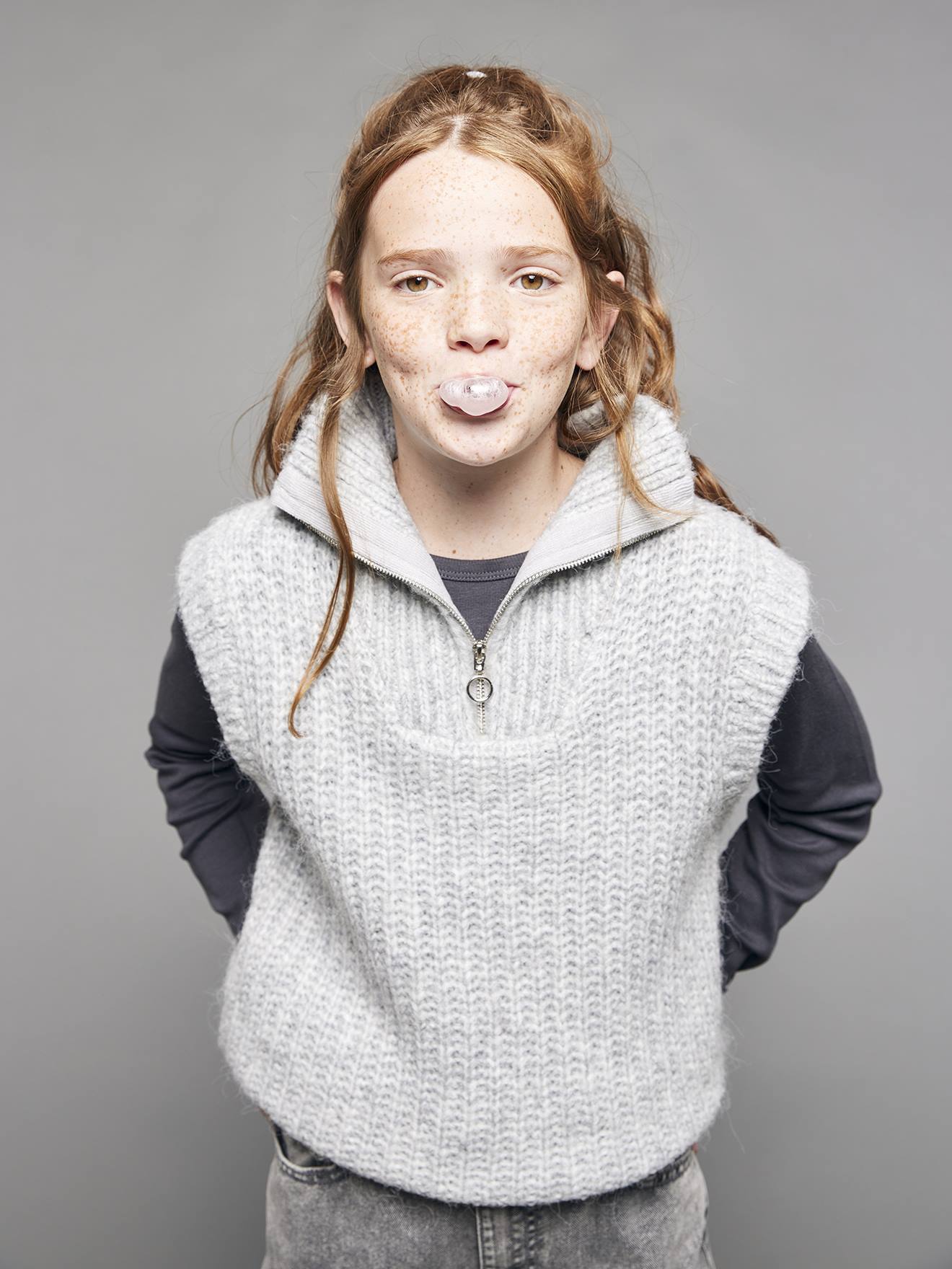 Sleeveless Trucker Jumper for Girls, JONEN marl grey