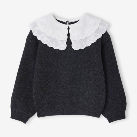 Soft Knit Jumper with Embroidered Double Collar, for Girls anthracite