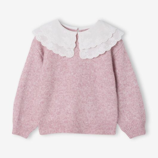 Soft Knit Jumper with Embroidered Double Collar, for Girls rose