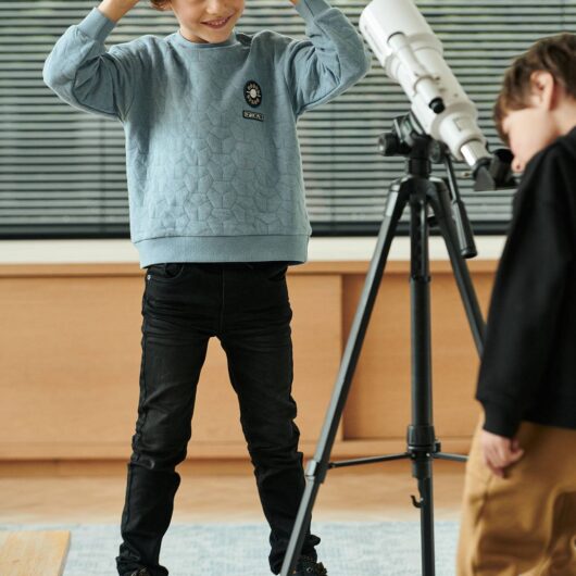 Straight Cut Denim-Effect Fleece Trousers, for Boys black dark solid