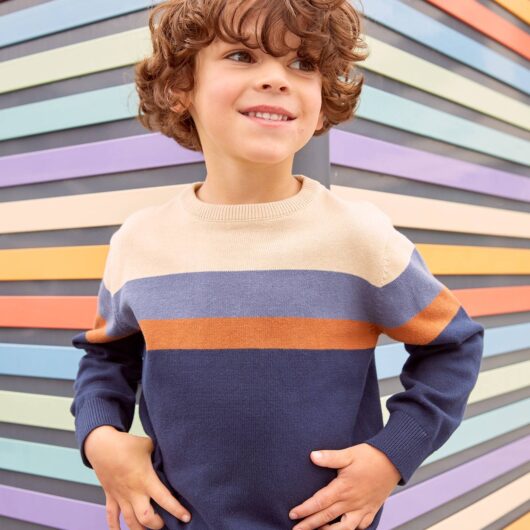Striped Colourblock Jumper in Fine Knit for Boys beige light solid with design
