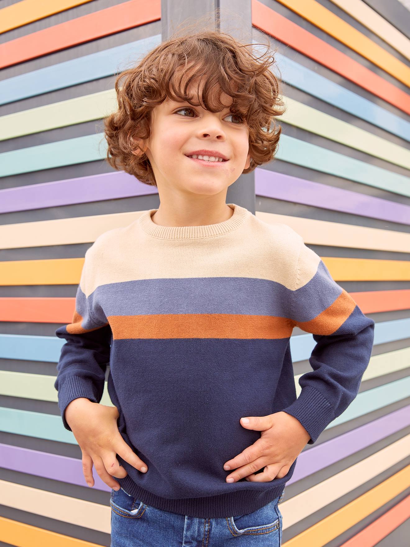 Striped Colourblock Jumper in Fine Knit for Boys beige light solid with design