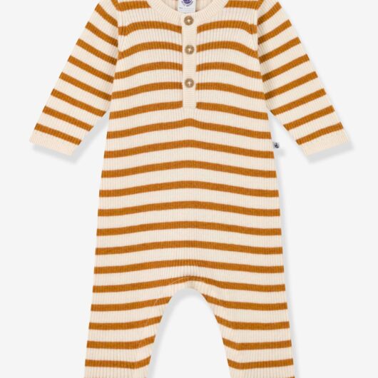 Striped Knitted Jumpsuit for Babies, PETIT BATEAU beige