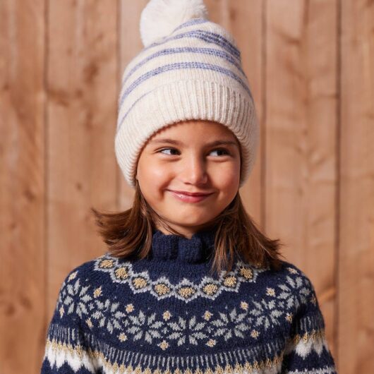 Striped Set: Beanie + Snood + Mittens/Gloves for Girls vanilla