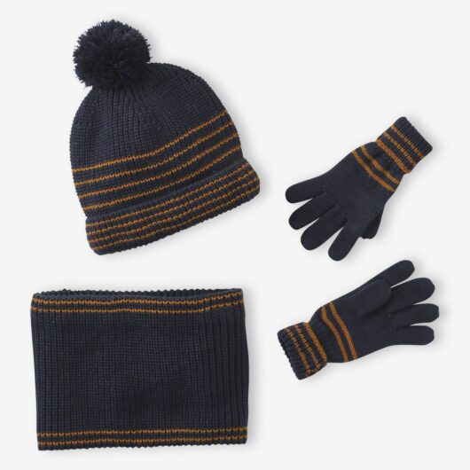 Striped Set for Boys: Beanie + Snood + Mittens/Gloves chambray blue