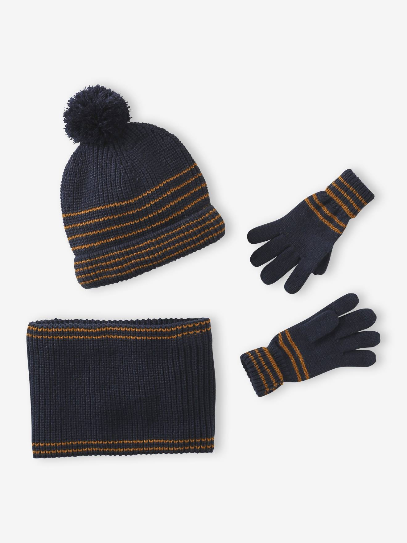Striped Set for Boys: Beanie + Snood + Mittens/Gloves chambray blue