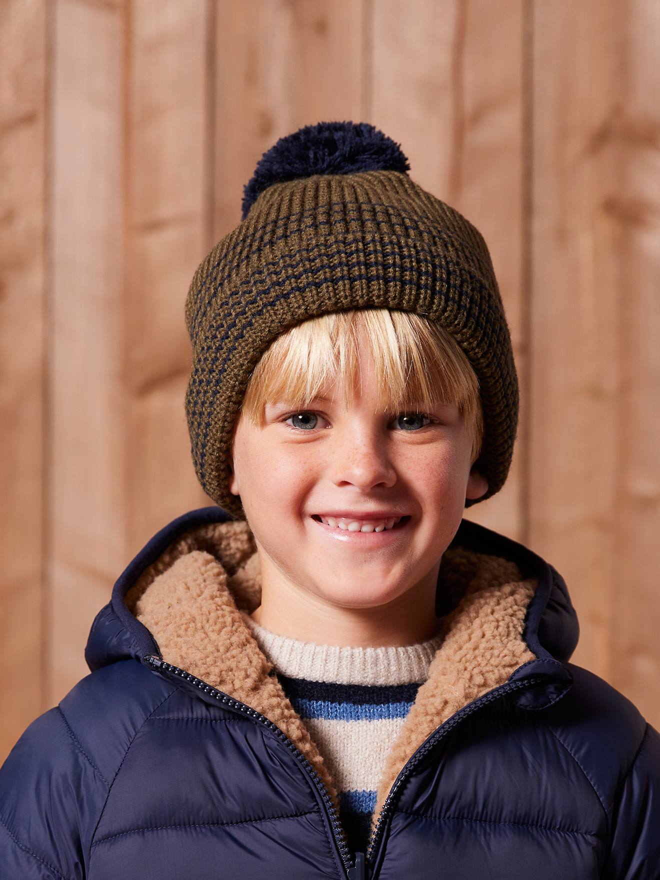 Striped Set for Boys: Beanie + Snood + Mittens/Gloves khaki