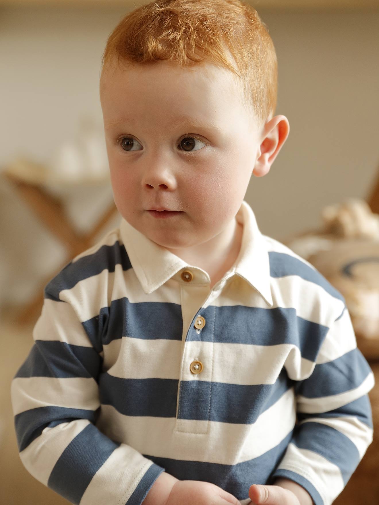 Striped long-sleeved baby polo shirt grey blue