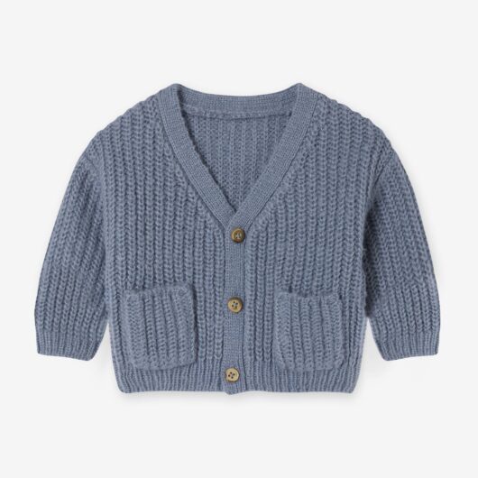 V-neck cardigan for babies in chunky knit grey blue