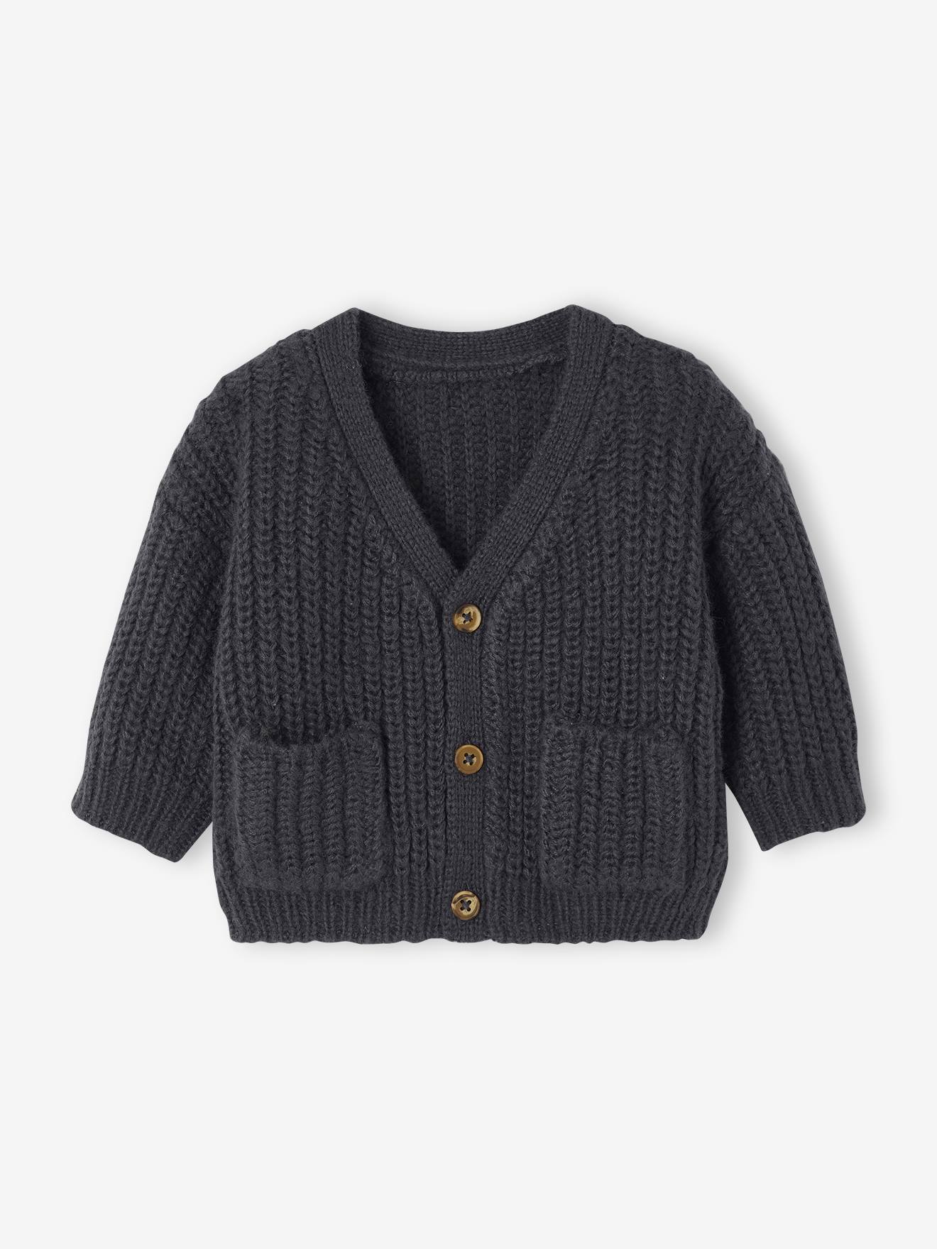 V-neck cardigan for babies in chunky knit slate grey