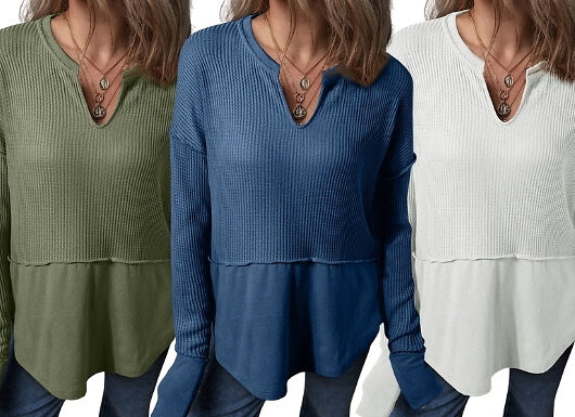 Waffle Knit Long Sleeve Top - 7 Colours & 5 Sizes