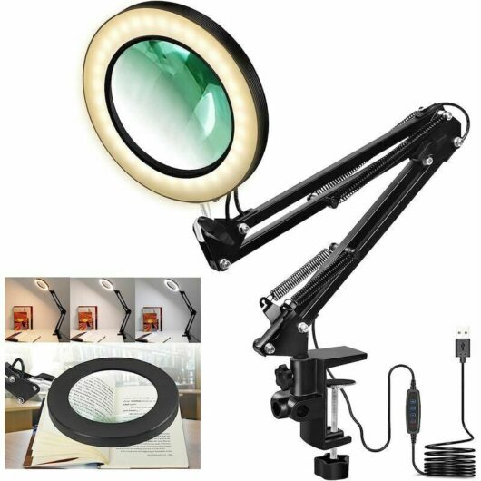 5X Magnifying LED Desk Lamp · 3 Light Colors, 10 Adjustable Brightness Levels · USB Powered Magnifier with Adjustable Swivel Arm and Clamp for Crafts