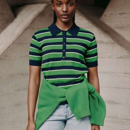 Albaray Pure Cotton Striped Knitted Polo Shirt Green Mix