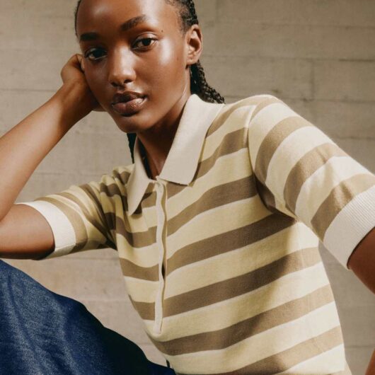 Albaray Pure Cotton Striped Knitted Polo Shirt Yellow Mix