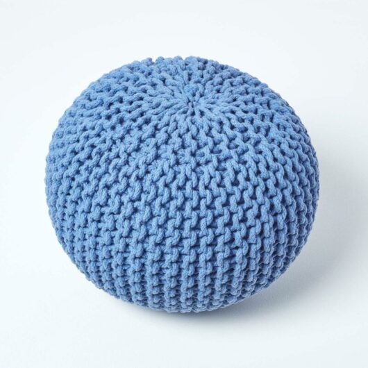 Blue Round Cotton Knitted Pouffe Footstool - Homescapes