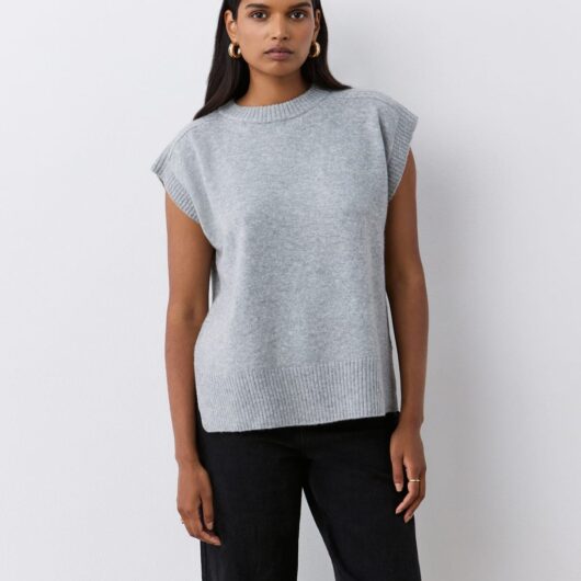 Finery London Crew Neck Split Hem Knitted Vest with Wool Grey