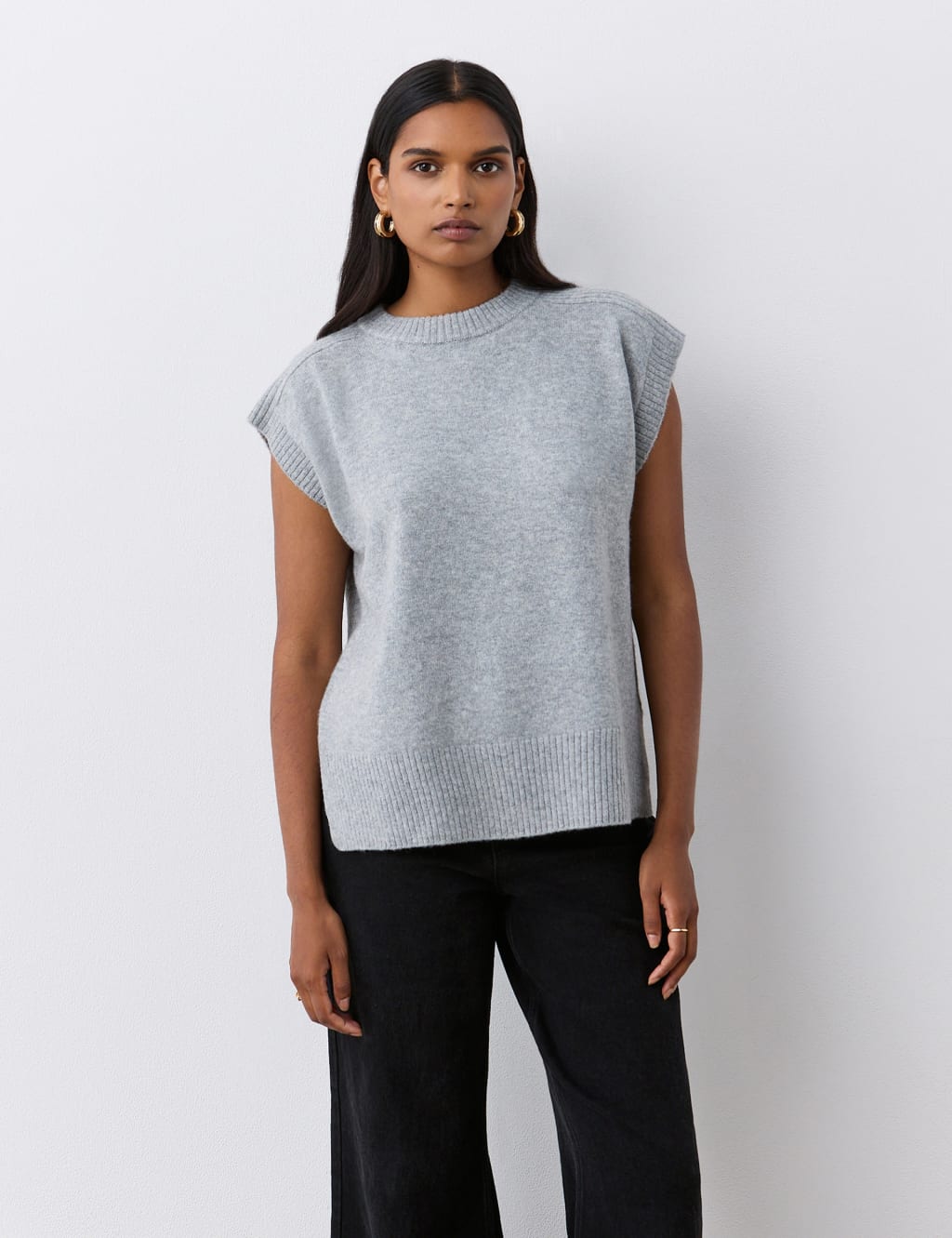 Finery London Crew Neck Split Hem Knitted Vest with Wool Grey
