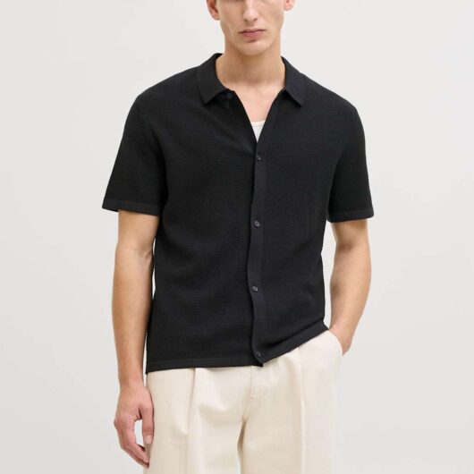 JACK & JONES Regular Fit Cotton Rich Knitted Short Sleeve Shirt Black