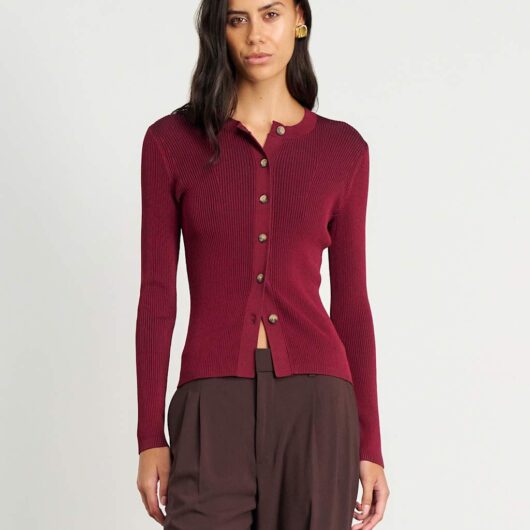 Jag Ribbed Crew Neck Button Front Fitted Cardigan Burgundy