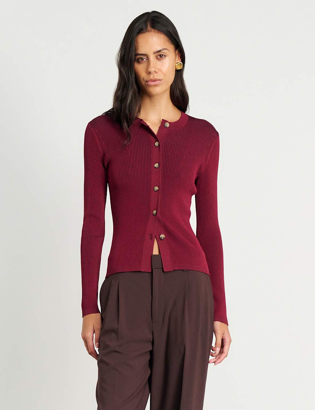 Jag Ribbed Crew Neck Button Front Fitted Cardigan Burgundy