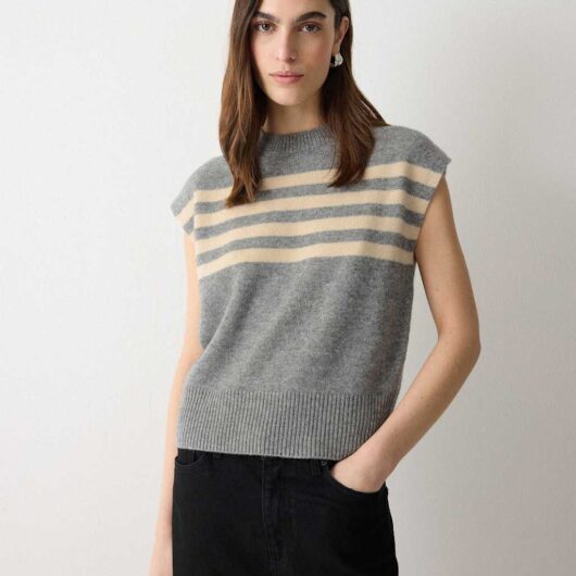 Jigsaw Wool Rich Striped Knitted Vest Grey Mix