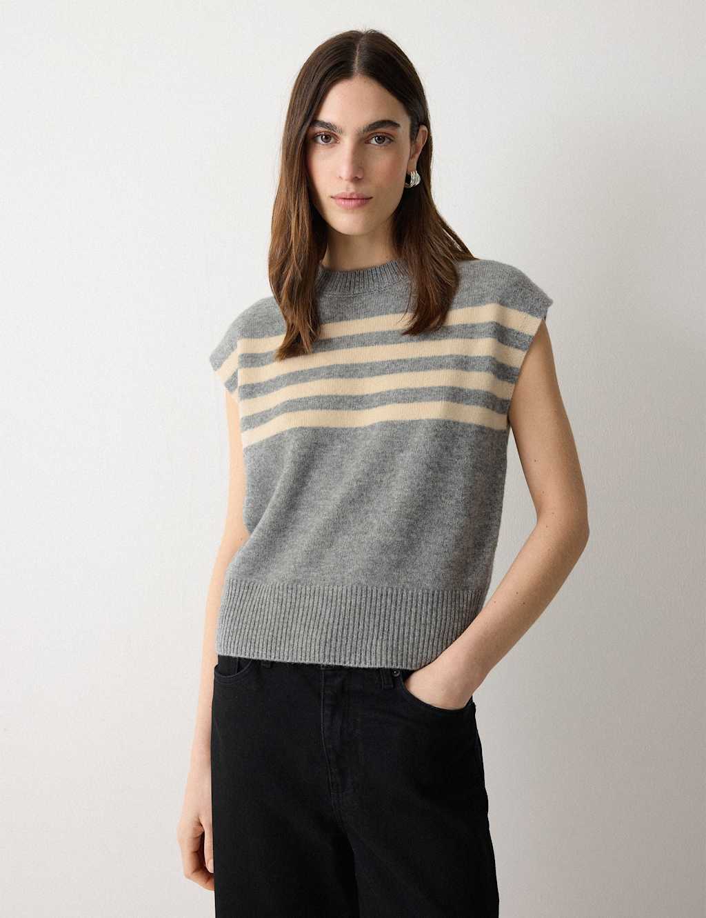 Jigsaw Wool Rich Striped Knitted Vest Grey Mix