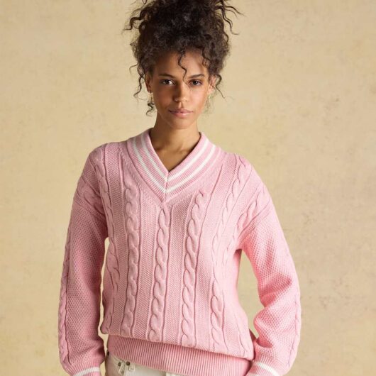 Joules Pure Cotton Cable Knit V-Neck Jumper Pink Mix