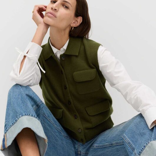 M&S Cotton Rich Pocket Knitted Waistcoat Dark Khaki