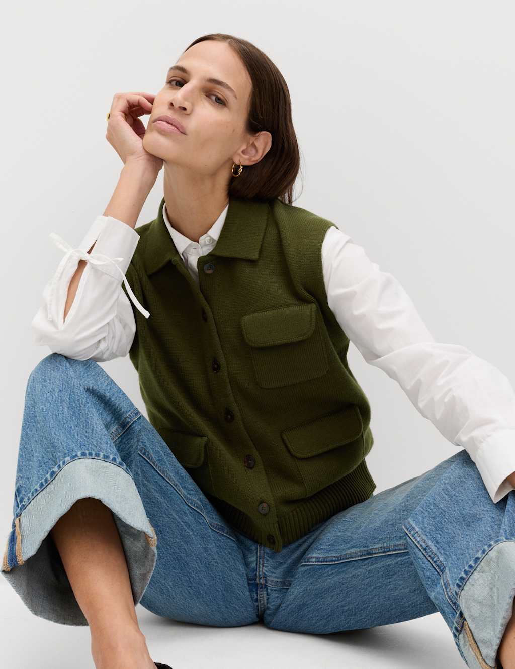 M&S Cotton Rich Pocket Knitted Waistcoat Dark Khaki
