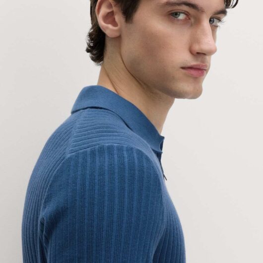 M&S Cotton Rich Ribbed Knitted Zip Up Polo Shirt Dark Marine