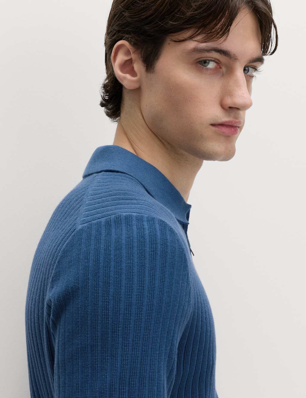 M&S Cotton Rich Ribbed Knitted Zip Up Polo Shirt Dark Marine
