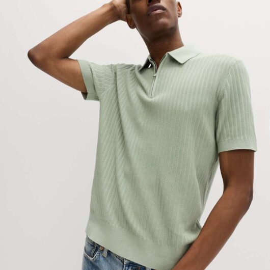 M&S Cotton Rich Ribbed Knitted Zip Up Polo Shirt Pistachio