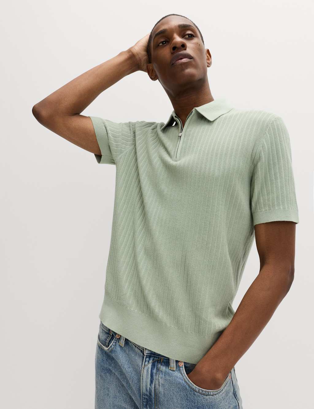 M&S Cotton Rich Ribbed Knitted Zip Up Polo Shirt Pistachio