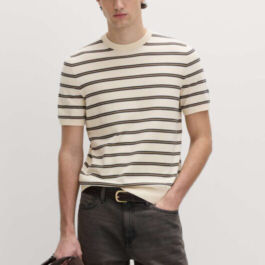 M&S Cotton Rich Striped Knitted T-Shirt Ecru Mix