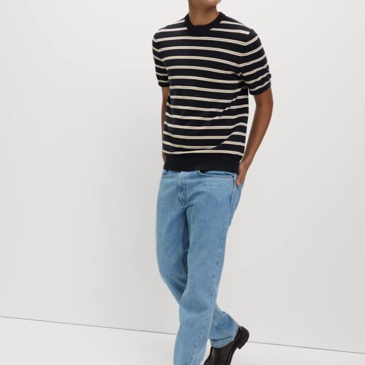 M&S Cotton Rich Striped Knitted T-Shirt Navy Mix