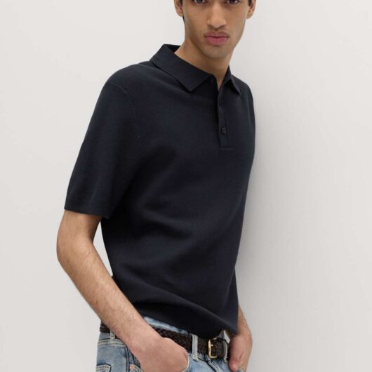 M&S Cotton Rich Textured Knitted Polo Shirt Navy